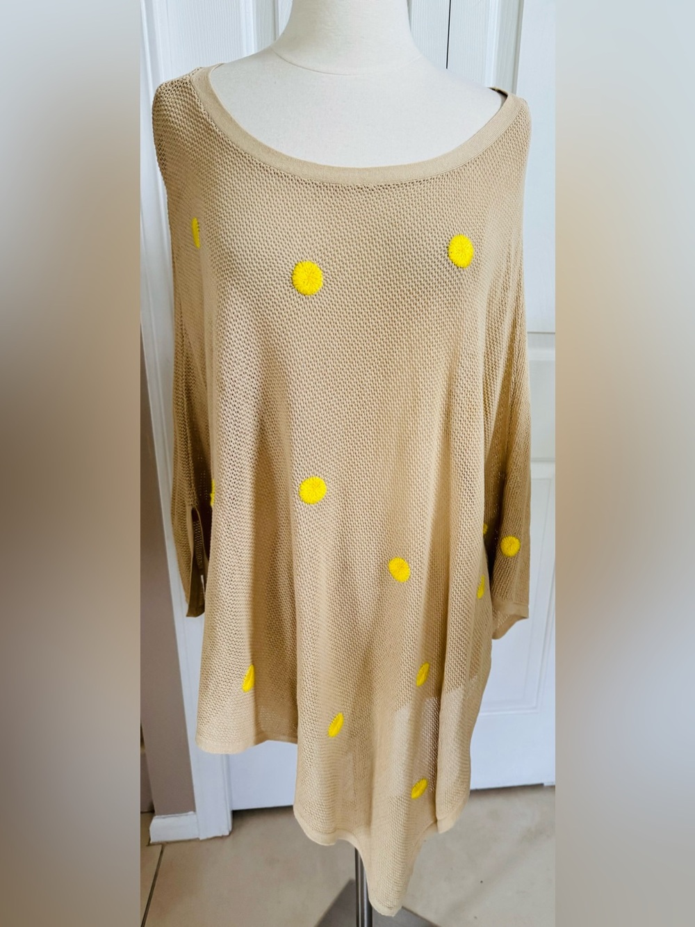 Chico's Beige Off-the-Shoulder Sweater with Yellow Dot Embellishments